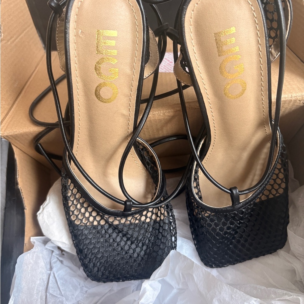 EGO Black Mesh Square-Toe Lace-Up Heels